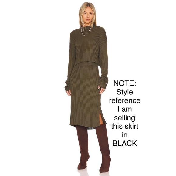 Bobi Rib Midi Black Small NWT Revolve Vintage Look Winter Fall Skirt Button Slit - Picture 6 of 16